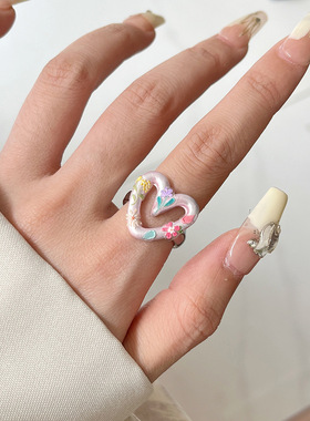 日系CoopKoop甜美奶油粉镂空爱心戒指小众设计感雕刻彩色干花