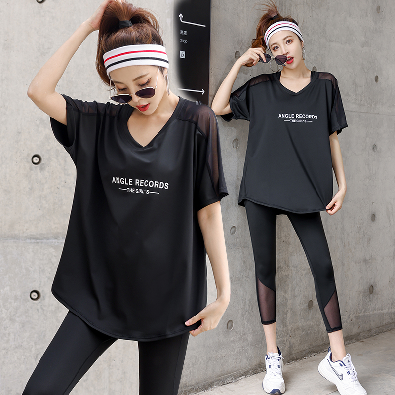 夏季跑步运动套装女薄款速干晨跑服大码遮肉健身房专业瑜伽服套装 - 图1