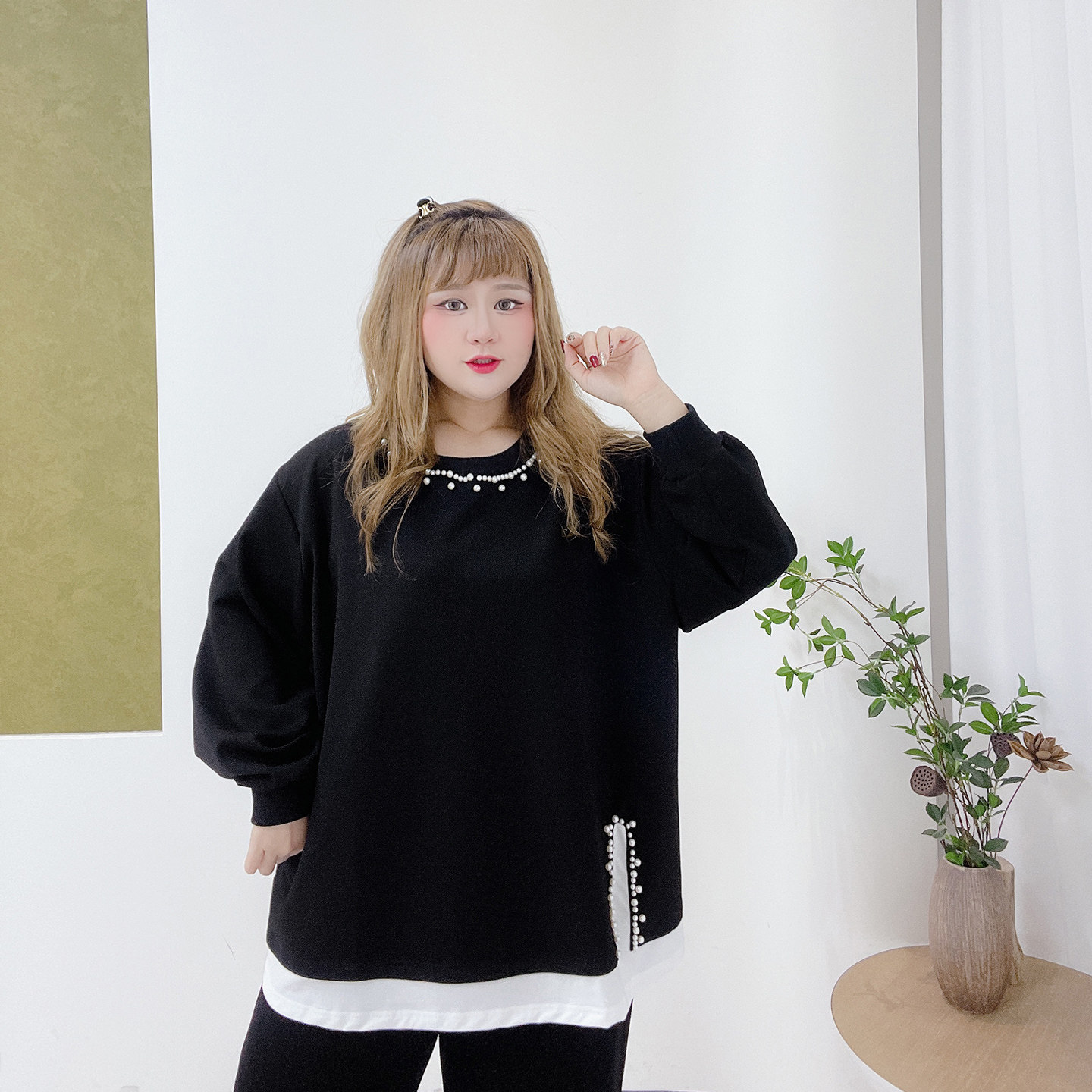 350斤胖莹莹大码女装韩系减龄高级感假两件钉珠宽松少女感卫衣,淘宝优惠券,粉丝福利购,淘宝优惠卷