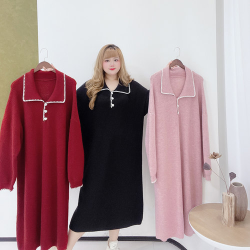 胖莹莹大码女装韩系甜美减龄撞色翻领宽松弹力显瘦针织连衣裙 - 图0