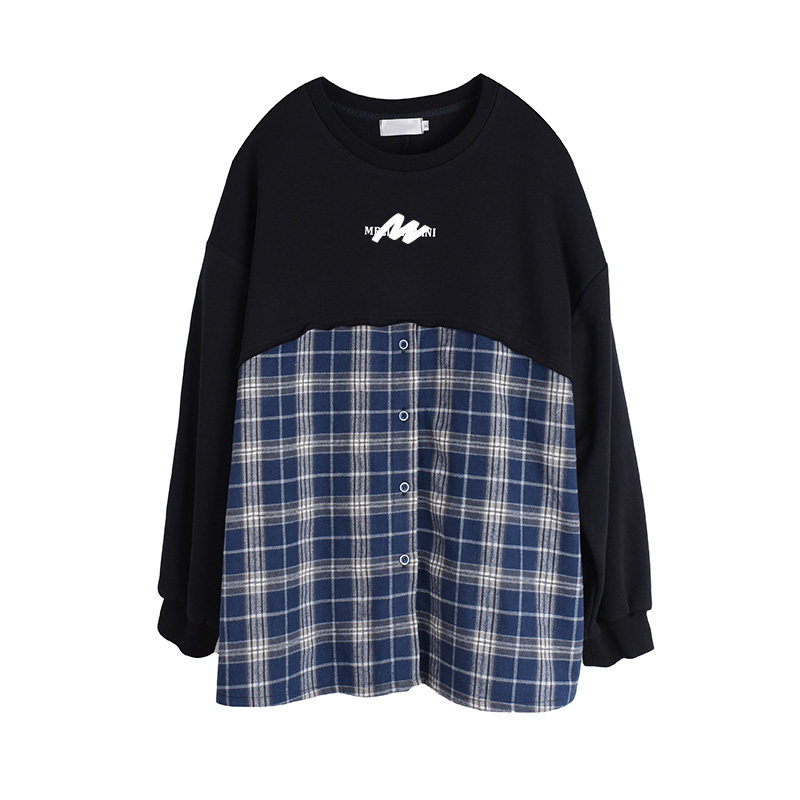 胖莹莹大码女装时尚美式撞色格子减龄宽松假两件遮肉显瘦卫衣上衣,淘宝优惠券,粉丝福利购,淘宝优惠卷