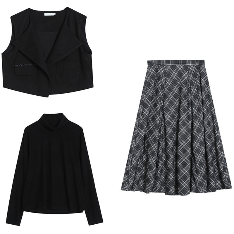 胖莹大码女装复古高级感通勤马甲高领打底衫格纹半身裙氛围感套装,淘宝优惠券,粉丝福利购,淘宝优惠卷