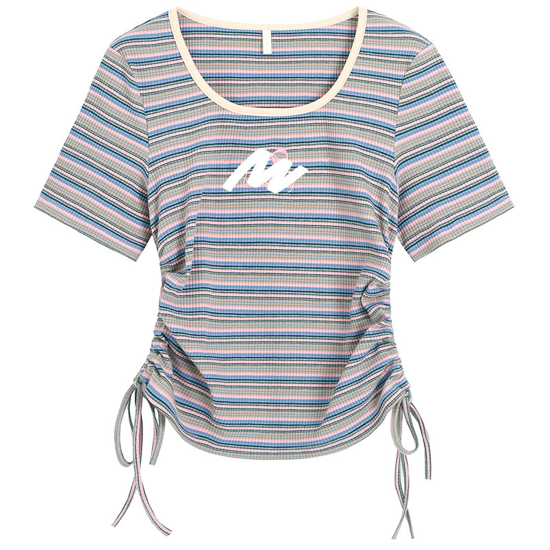 胖莹莹大码女装2025夏季韩系小众设计感刺绣条纹辣妹减龄抽绳短袖,淘宝优惠券,粉丝福利购,淘宝优惠卷