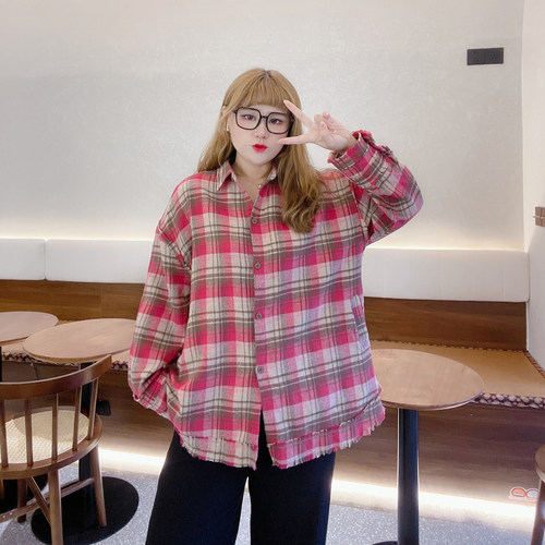 胖莹莹大码女装2025秋款简约格子衬衫甜美马甲慵懒风休闲宽松套装 - 图0