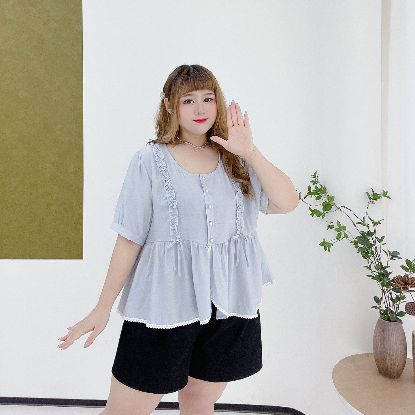 胖莹莹大码女装2025夏季韩系减龄清新甜美温柔木耳边A字显瘦衬衫,淘宝优惠券,粉丝福利购,淘宝优惠卷