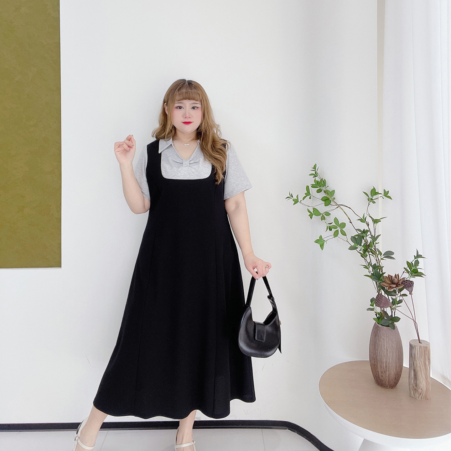 胖莹莹大码女装清新减龄韩系假两件学院风长裙撞色少女感连衣裙,淘宝优惠券,粉丝福利购,淘宝优惠卷