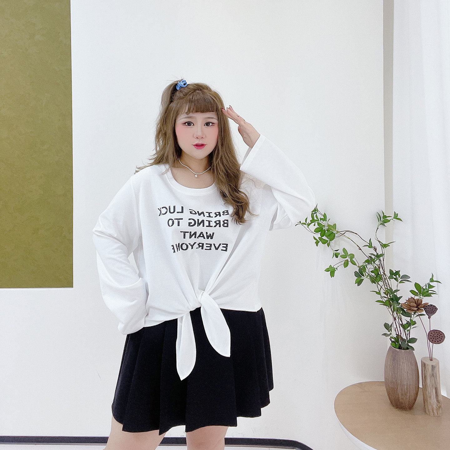 胖莹大码女装韩系少女感学院风减龄系带辣妹字母显瘦印花长袖T恤,淘宝优惠券,粉丝福利购,淘宝优惠卷