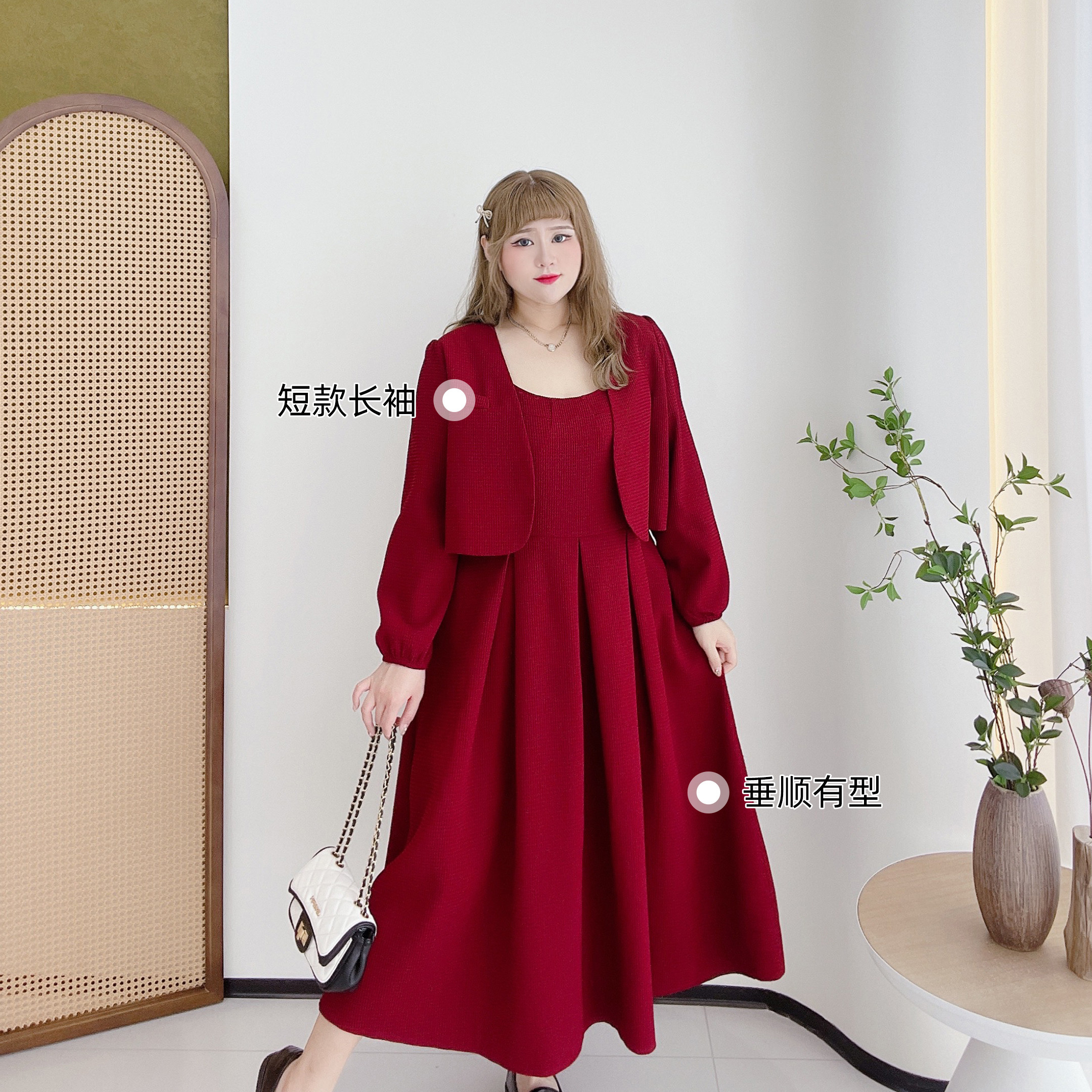 胖莹莹大码女装胖mm简约红色连衣裙遮肉显瘦敬酒服通勤西服套装,淘宝优惠券,粉丝福利购,淘宝优惠卷