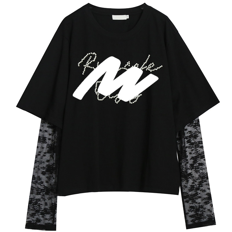胖莹莹大码女装甜辣风蕾丝钉珠显瘦拼接假两件松弛感宽松正肩T恤,淘宝优惠券,粉丝福利购,淘宝优惠卷