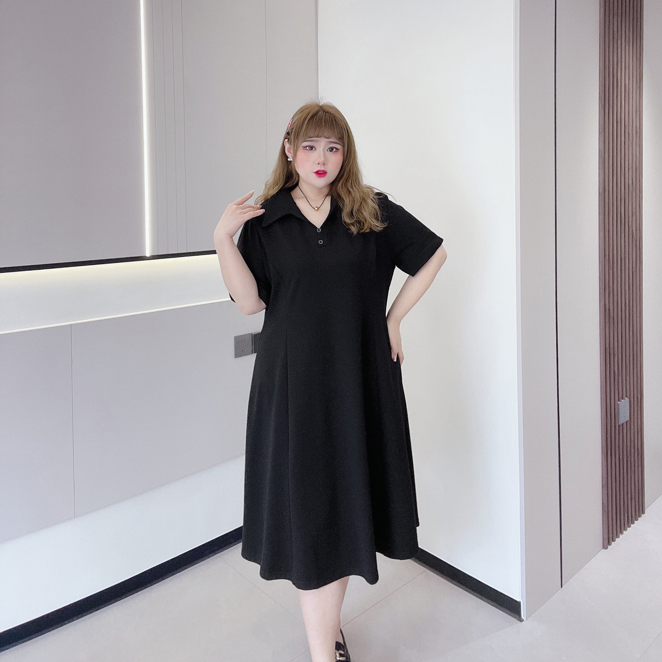 清新学院风减龄240斤胖妹大码女装polo领高收腰显瘦a字纯色连衣裙