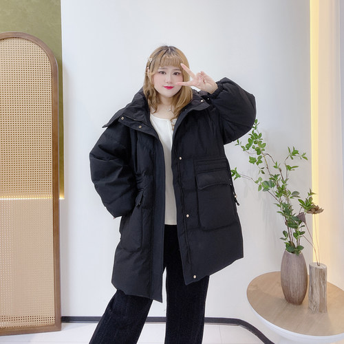 300斤胖莹莹大码女装胖mm加厚东北抗寒收腰显瘦中长款连帽羽绒服 - 图1