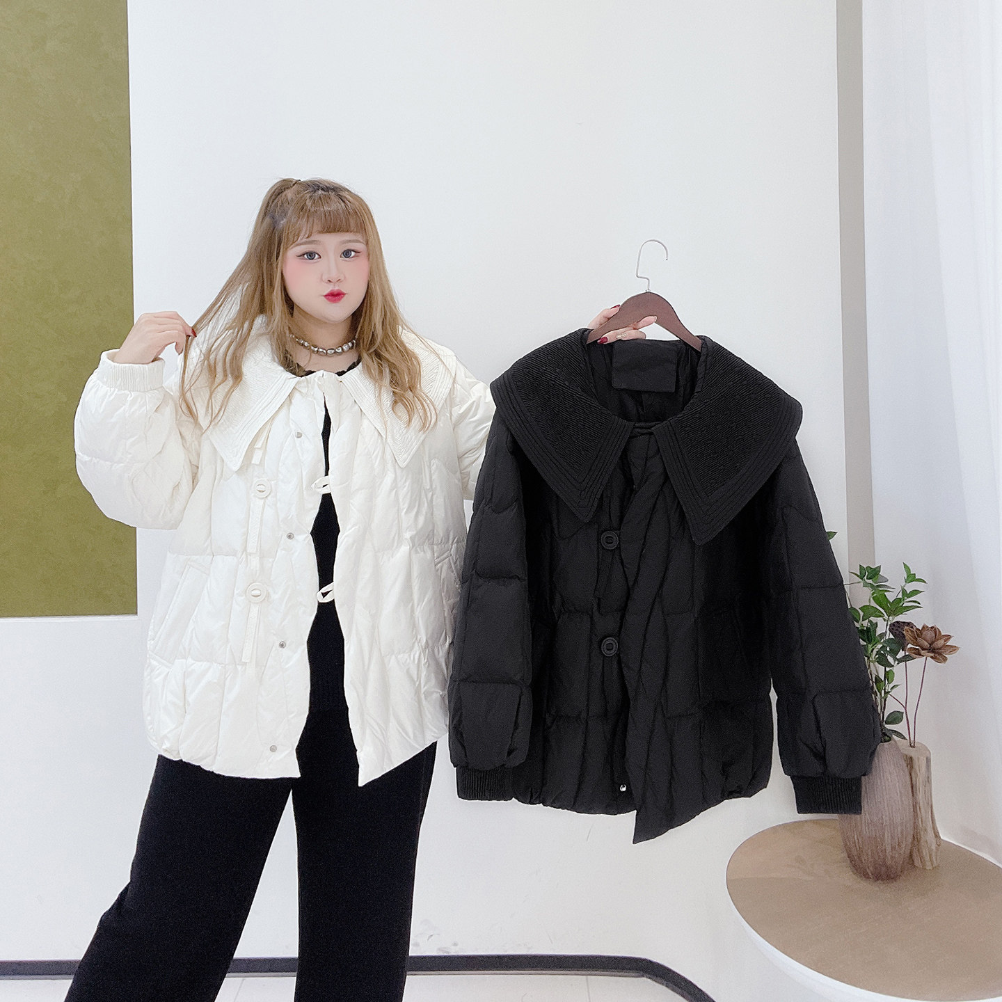 2025冬款胖莹莹大码女装韩版甜美可爱减龄娃娃领小个子短款羽绒服