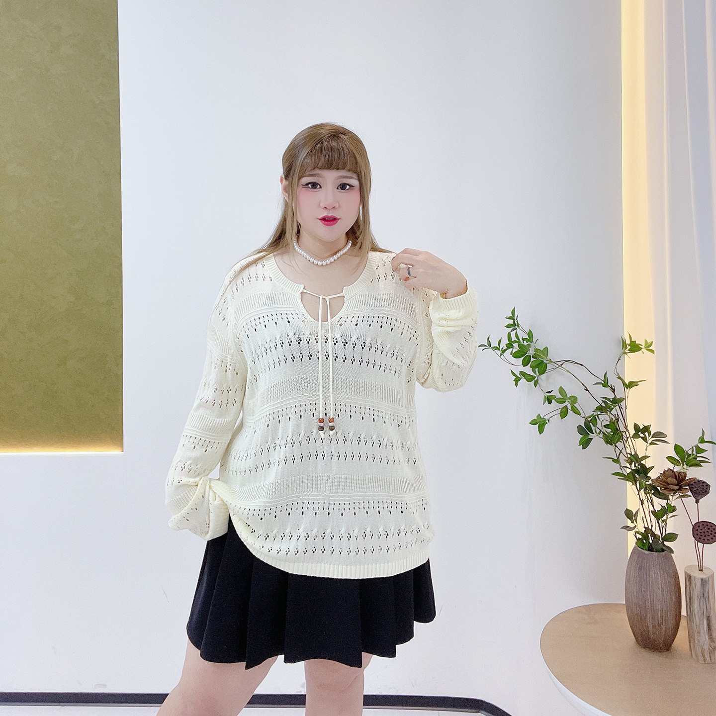 胖莹莹大码女装2025秋慵懒风时尚镂空纯欲系带显瘦百搭减龄针织衫,淘宝优惠券,粉丝福利购,淘宝优惠卷