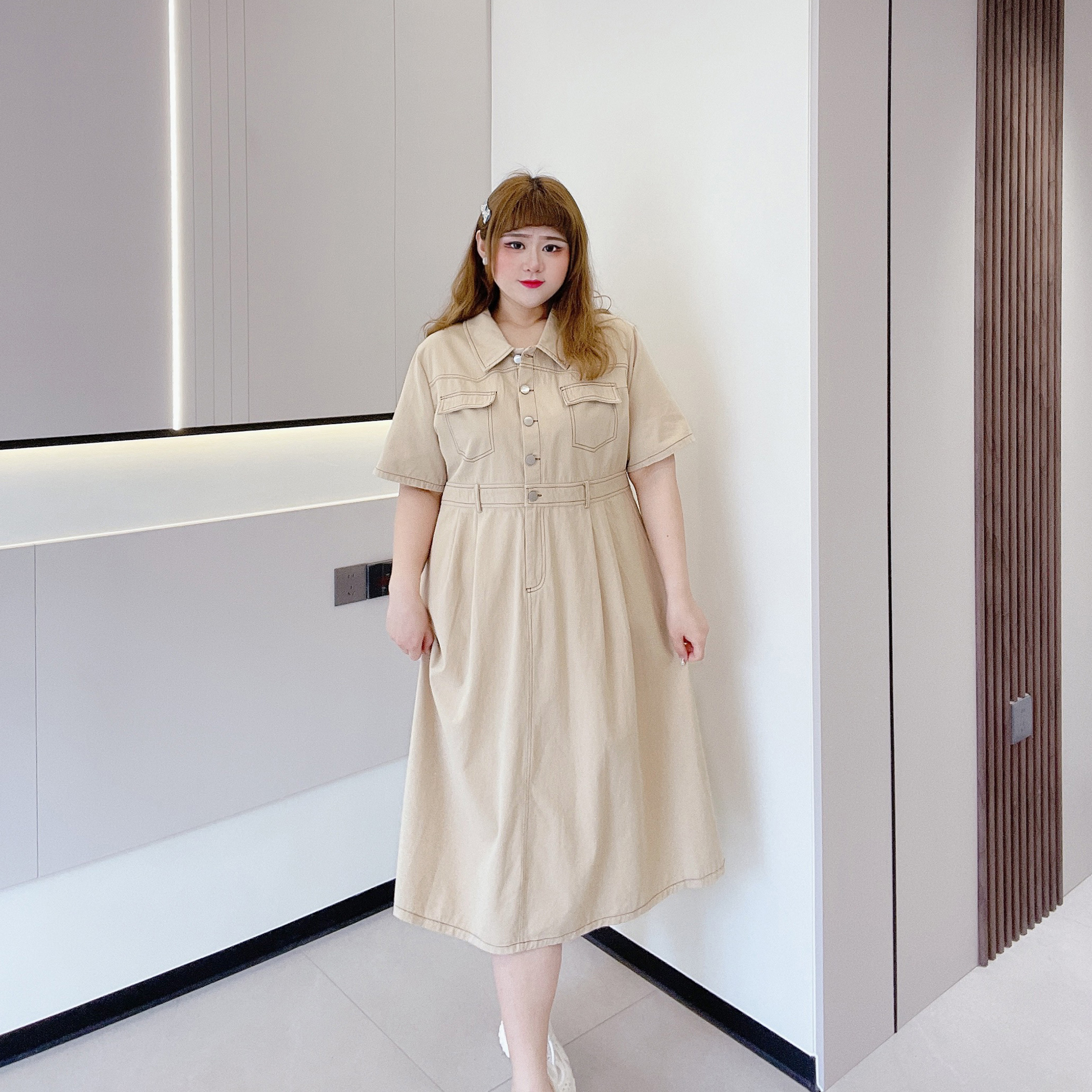 复古港风学院风减龄240斤胖妹大码女装牛仔收腰明线翻领长连衣裙 - 图1