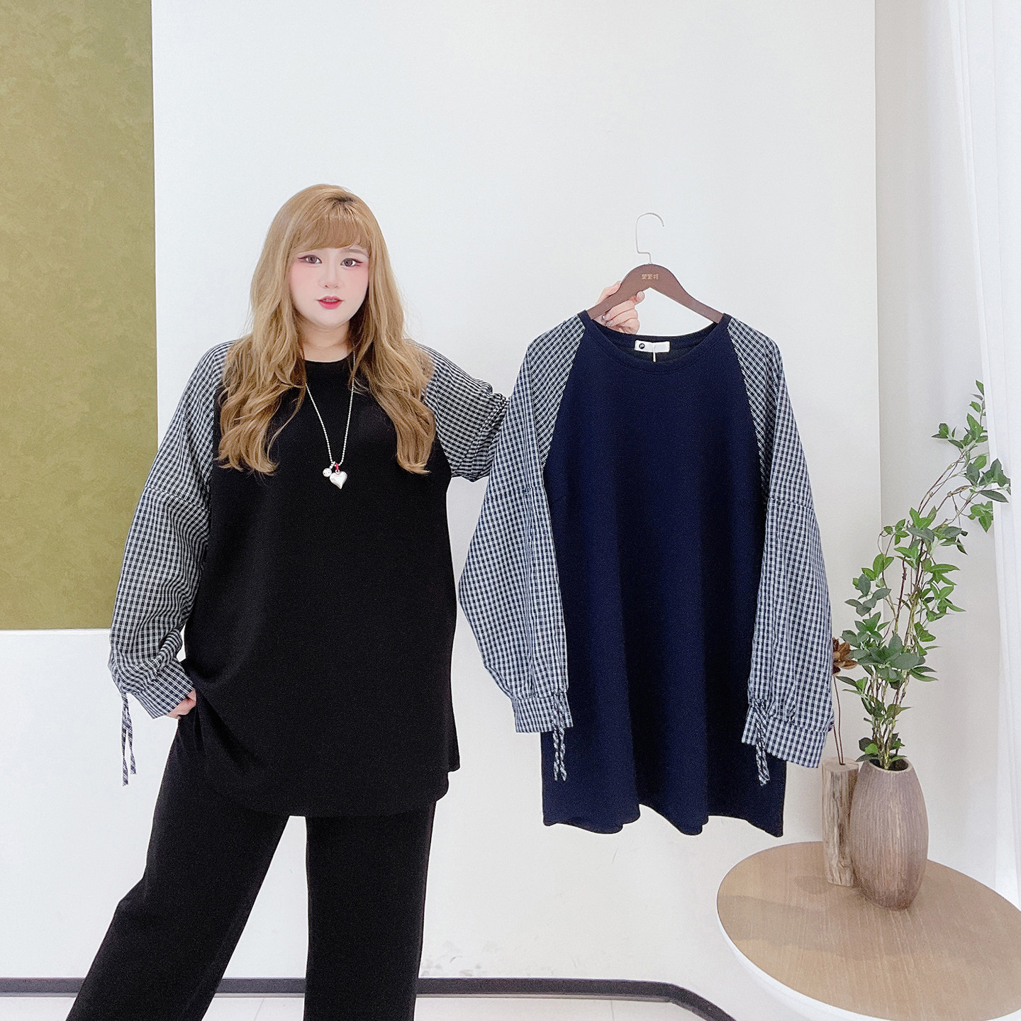 胖莹莹大码女装慵懒风韩系撞色格纹拼接宽松休闲遮肚中长款卫衣,淘宝优惠券,粉丝福利购,淘宝优惠卷