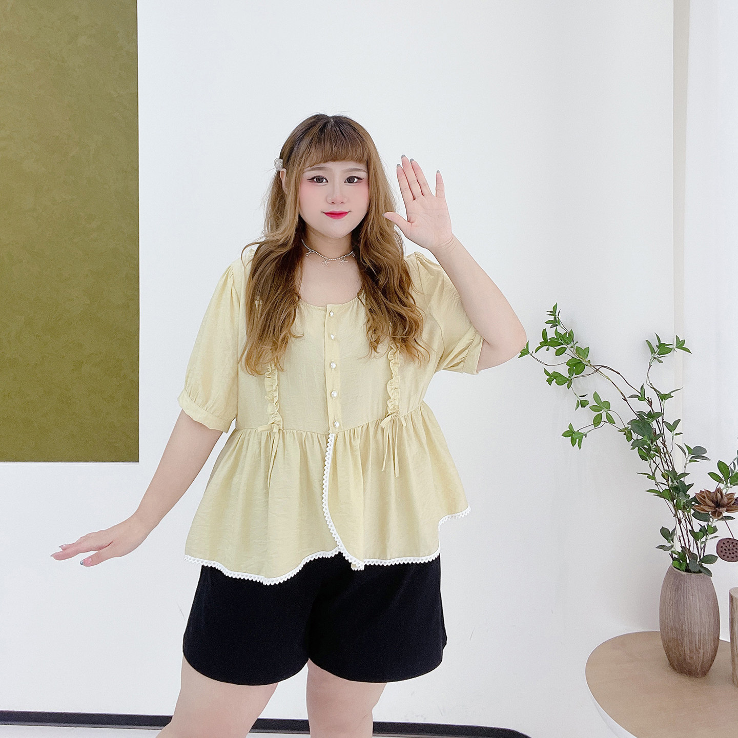 胖莹莹大码女装2025夏季韩系减龄清新甜美温柔木耳边A字显瘦衬衫,淘宝优惠券,粉丝福利购,淘宝优惠卷