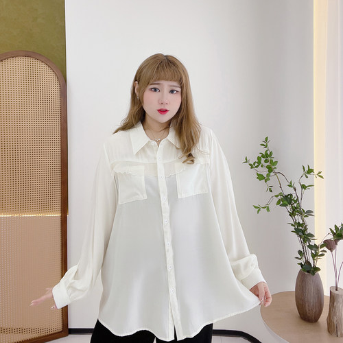 300斤胖莹莹特大码女装甜美设计感木耳边高级感遮肉显瘦宽松衬衫 - 图1