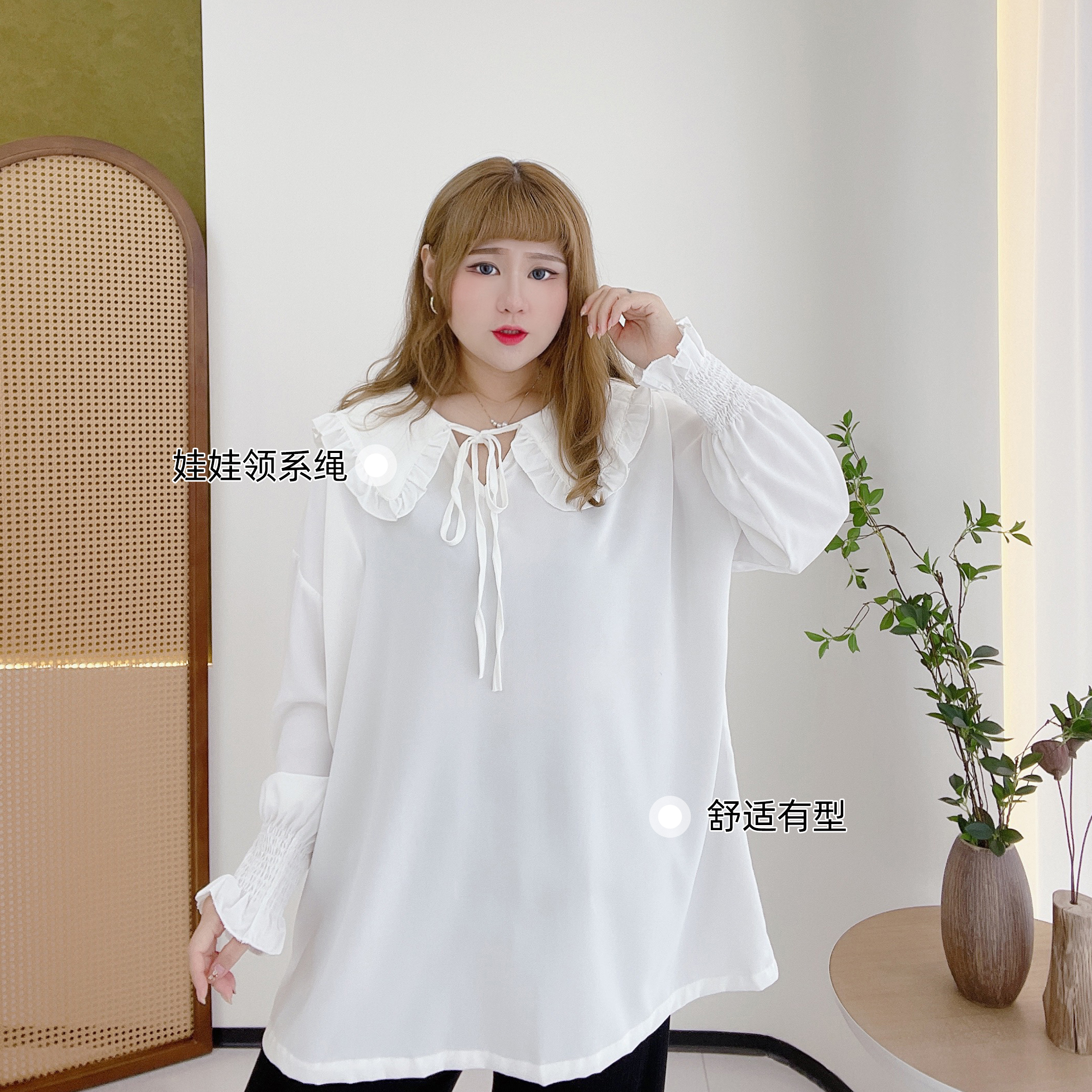300斤胖莹莹大码女装甜美娃娃领减龄遮肉显瘦设计感宽松衬衫上衣 - 图1