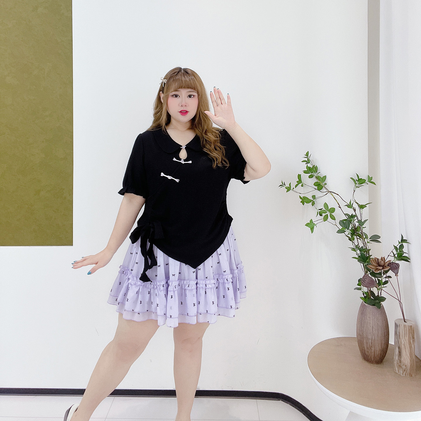 300斤胖莹大码女装新中式复古短袖上衣蝴蝶结可爱短款半身裙套装,淘宝优惠券,粉丝福利购,淘宝优惠卷