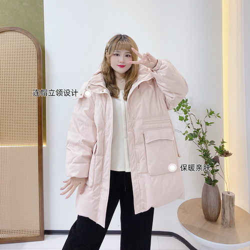 300斤胖莹莹大码女装胖mm加厚东北抗寒收腰显瘦中长款连帽羽绒服 - 图0