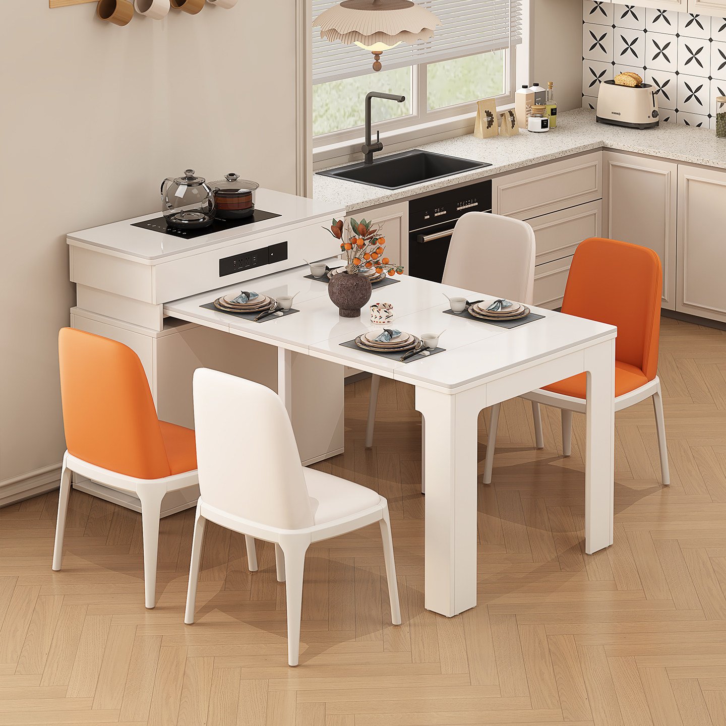 仕宇小户型实木岩板岛台餐桌一体家用可伸缩现代奶油多功能收纳桌,淘宝优惠券,粉丝福利购,淘宝优惠卷