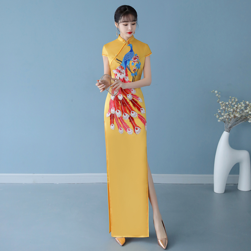 2024新款修身改良高端开叉绣花长款走秀旗袍裙表演出服女舞台宴会 - 图3