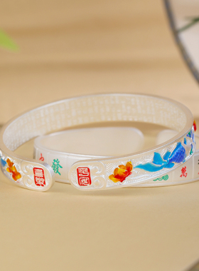 三漫陀雪花足银999手镯十三幺麻将开口镯子国风银镯子送闺蜜