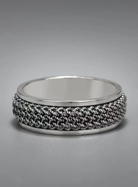 S999纯银麻花旋转戒指个性做旧转动指环女嘻哈学生复古情侣对戒