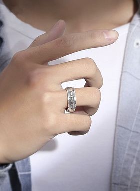 S990转动男士戒指纯银六字真言旋转单身食指环雕花麒麟文艺复古