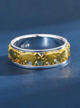 泰银可转动戒指时尚潮流个性立体浮雕大象旋转男女时尚闭口指环尾