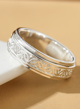 泰银中国风戒指树叶造型纯银可转动指环个性潮旋转闭口解压创意戒