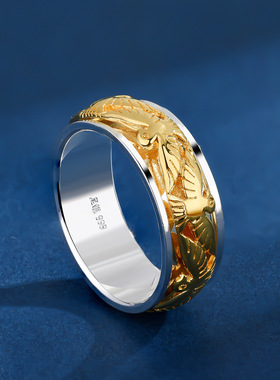 999足银旋转飞鸟转动戒指小众设计镂空设计原创个性情侣食戒指环