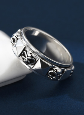 999足银骷颅头欧美风造型纯银可转动复古个性潮旋转闭口解压