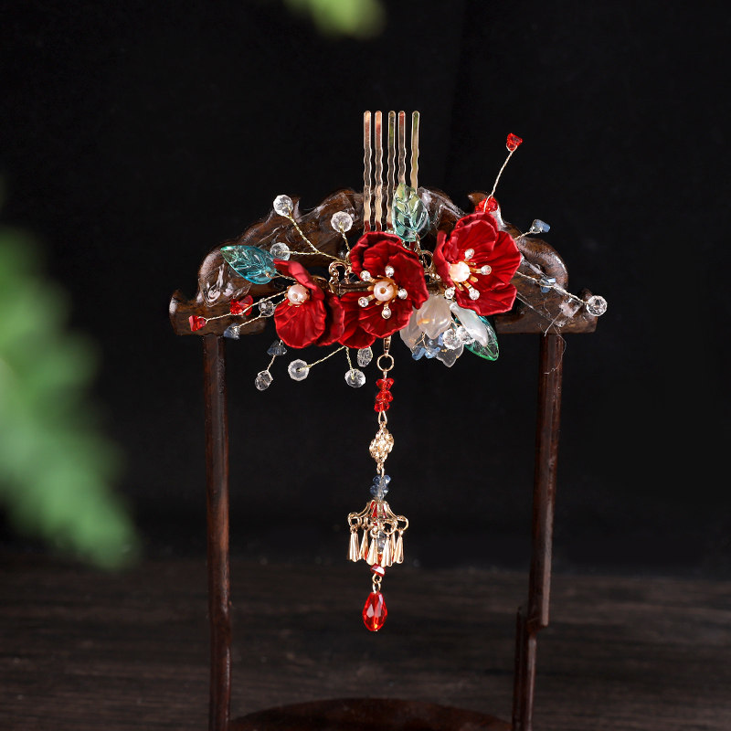 中式古风新款古装头饰红色秀禾流苏发夹绒花结婚发饰婚礼新娘饰品,淘宝优惠券,粉丝福利购,淘宝优惠卷