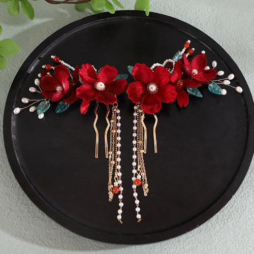 红色绒花新款中式秀禾发饰敬酒全套喜庆发夹古风新娘简约头饰流苏 - 图0