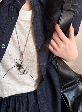 银色编织爱心丝带包包项链女韩国长款个性小众斜挎卫衣毛衣链配饰