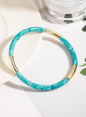 时尚欧美超模风袖口珠串手镯亚克力弯管单色拼色弹力手镯手串