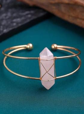 跨境天然紫水晶六角柱手镯虎眼粉晶东陵玉石开口可调节绕线手环