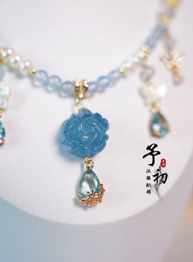 【碧穹】海蓝宝锆石蝶贝锁骨链原创设计手工复古百搭天然石项链