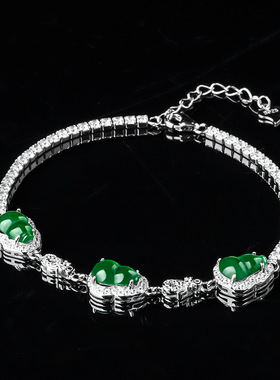天然正品a货翡翠阳绿葫芦手链冰种S925银镶玉石女款时尚饰品高档