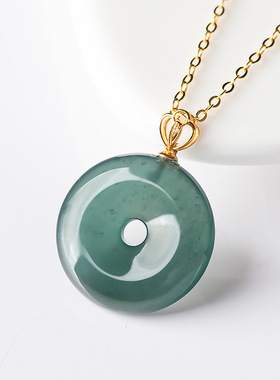 高档天然A货翡翠蓝水平安扣吊坠冰种玉石18K镶嵌挂件女士项链时尚