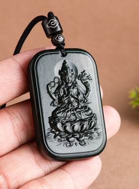 天然老料和田玉墨玉千手观音吊坠生肖鼠守护神本命佛男女款挂件