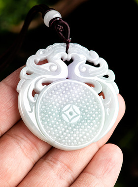 天然缅甸A货翡翠镂空仿古双凤朝阳凤凰牌玉石吊坠古风情侣挂件