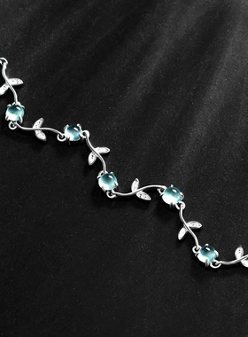 高档天然A货翡翠蓝水小清新手链S925银镶冰种玉石女款时尚手饰