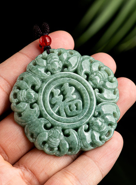 天然A货翡翠豆种仿古五福临门福在眼前玉石吊坠男士挂件女款玉佩