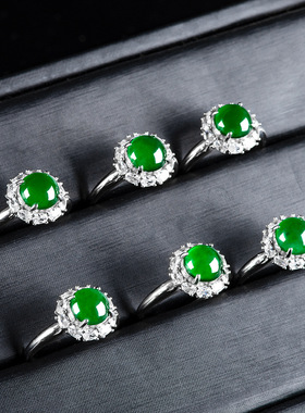 S925银镶嵌天然A货翡翠阳绿大蛋面戒指冰种玉石奢华简洁指环女戒