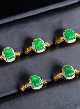 正品S925银天然A货翡翠阳绿貔貅冰种玉石戒指时尚指环女款可调节