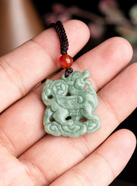 天然正品A货翡翠豆绿金钱麒麟冰种玉石吊坠男士玉佩项链女款挂件