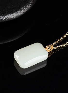 天然老料和田玉白玉无事牌吊坠正品18K金镶玉石挂件项链男士女款