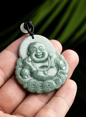 天然正品a货翡翠豆种金钱笑佛弥勒佛通财吊坠玉石男女款挂件玉器